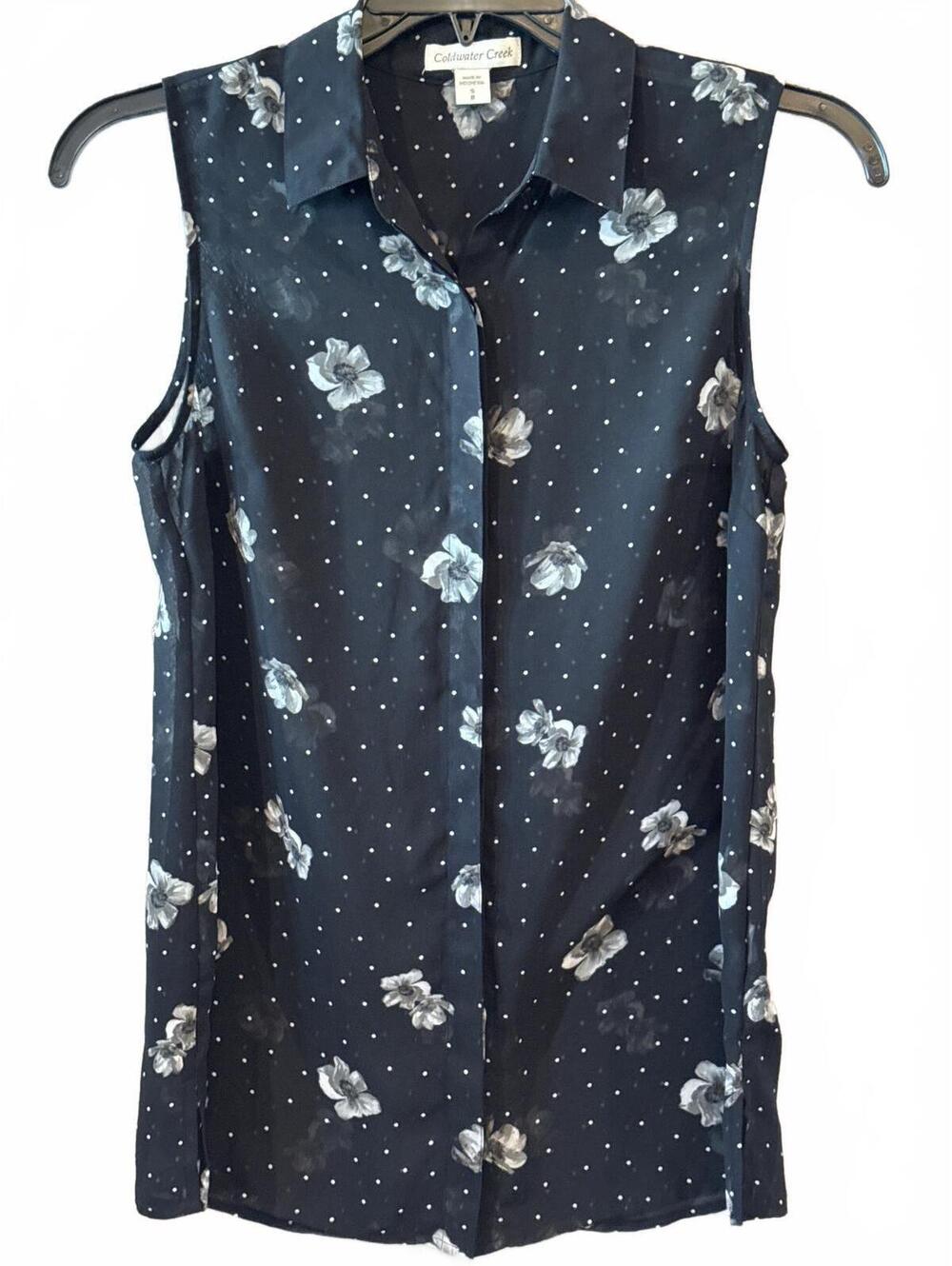 Coldwater Creek Black Sleeveless Sheer Floral Button-Up Blouse Size S